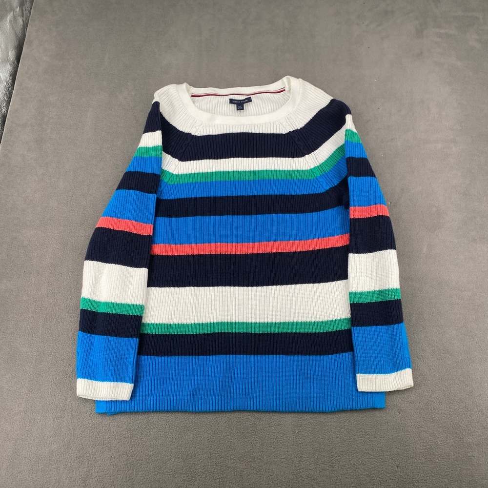 Tommy Hilfiger Womens Striped Ribbed Knit Sweater Blue Green White Large 76J0017